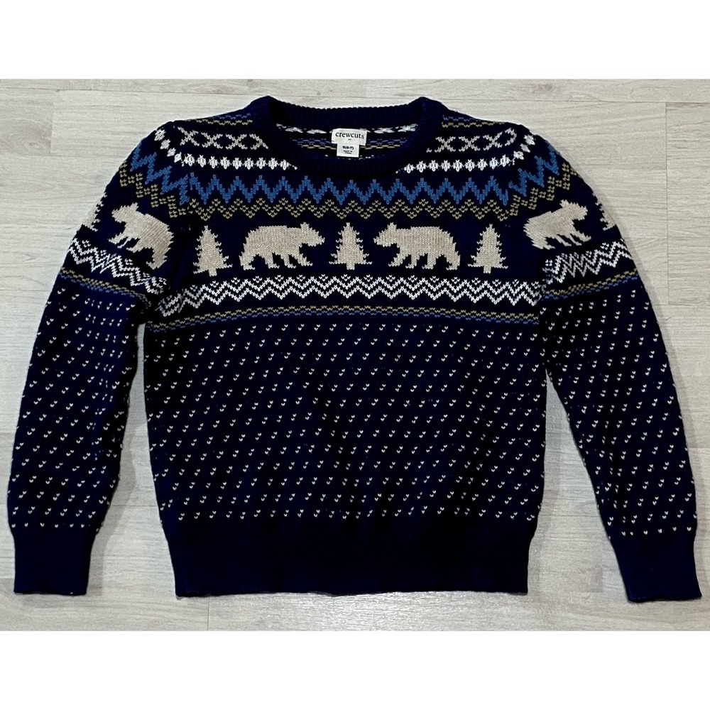 Crewcuts Boys Fair Isle Polar Bear Sweater Navy Blue 100% Cotton Size S 6-7 - Picture 2 of 9